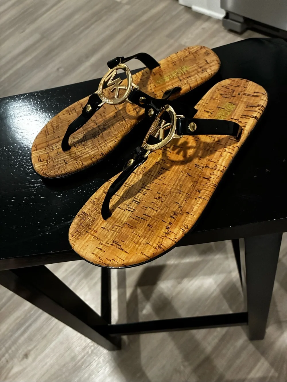 Michael Kors Black Patent Thong Sandals with Cork-Style Footbed